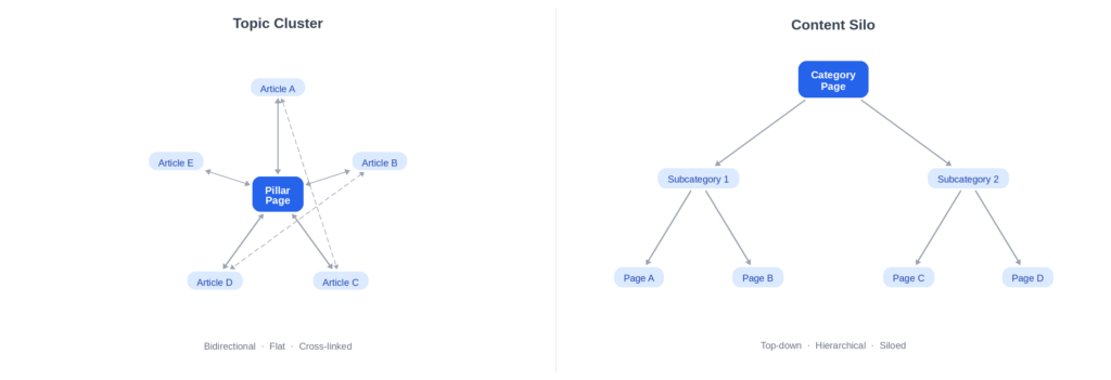 Topic architecture diagrams comparing a topic cluster with hub-and-spoke linking around a Pillar Page versus a content silo with strict hierarchical separation under a Category Page