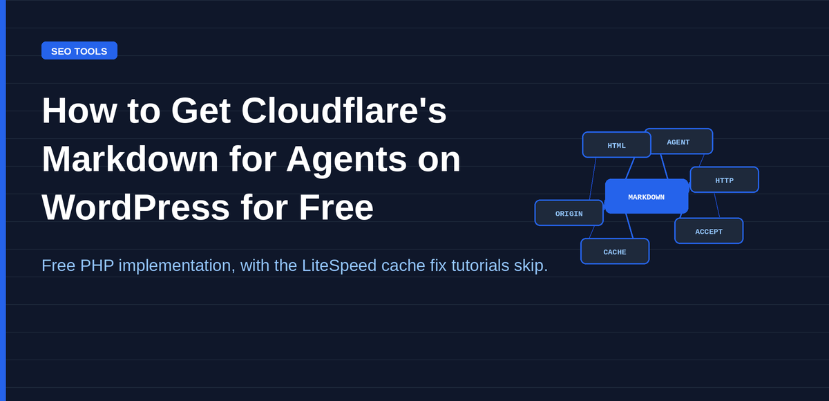 Markdown for agents Cloudflare WordPress guide — free PHP implementation with HTTP content negotiation, EnlighterJS-aware HTML-to-markdown converter, and the LiteSpeed cache poisoning fix.