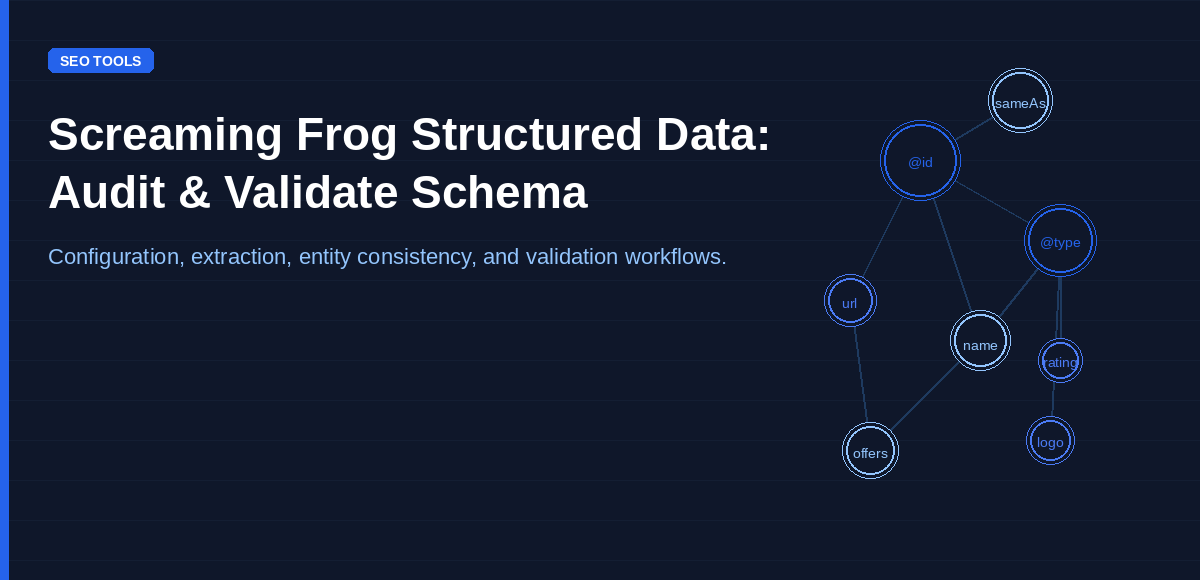 Screaming Frog schema audit guide — configuration, extraction, entity consistency, and validation workflows.