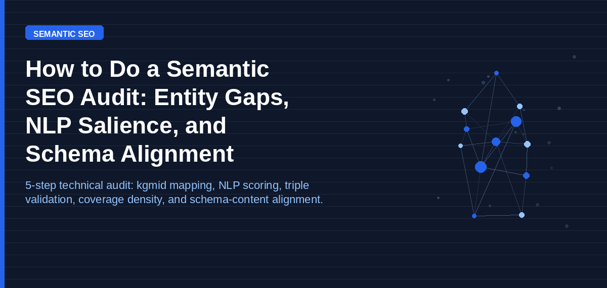 Semantic SEO audit guide — 5-step technical process covering entity gap analysis, NLP salience scoring, triple validation, coverage density, and schema-content alignment.